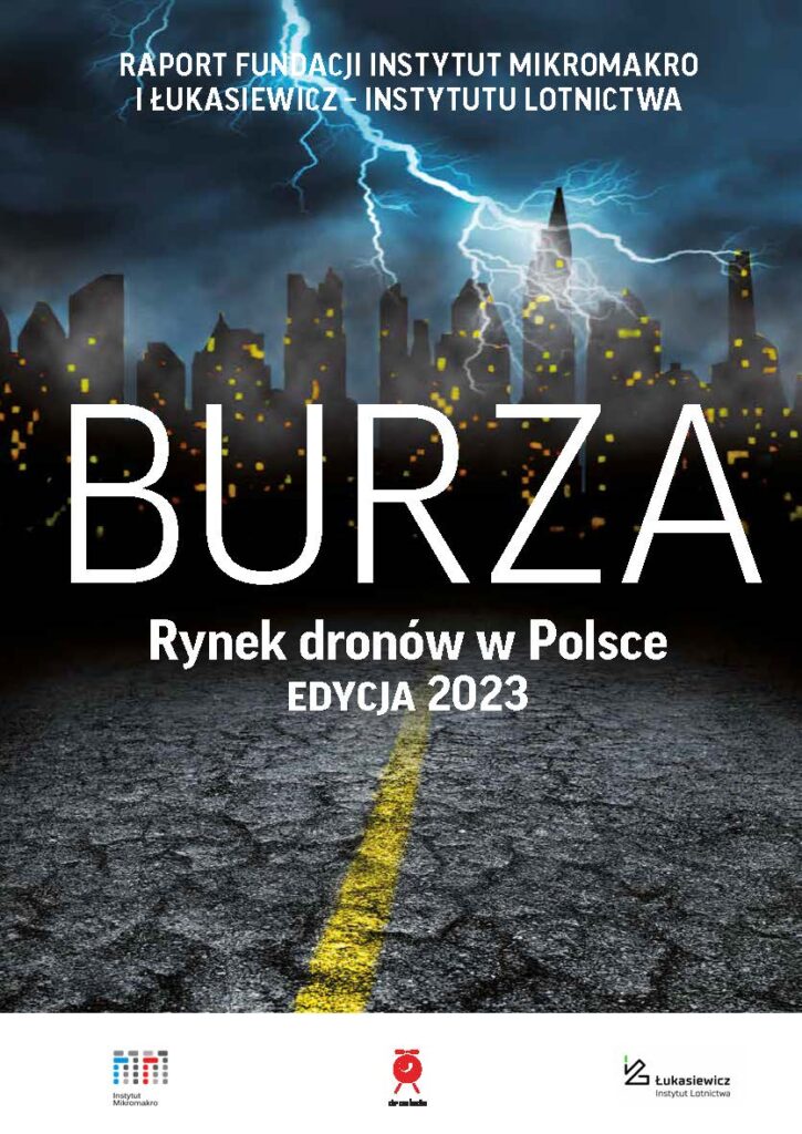 Okładka (cover) raportu "Burza. Rynek dronów w Polsce. Raport Fundacji Instytut Mikromakro i Łukasiewicz - Instytut Lotnictwa. Edycja 2023"